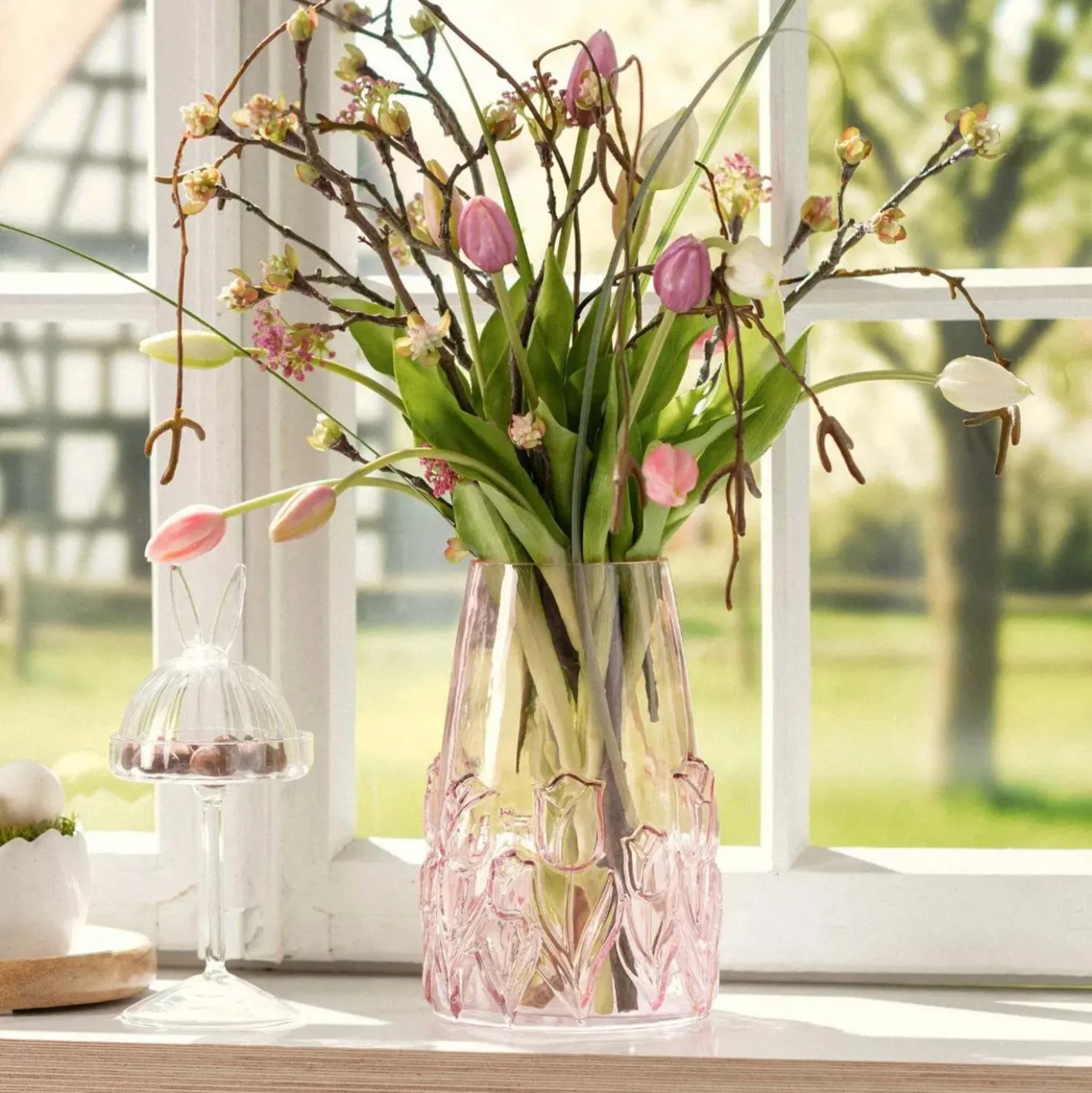 Vase mit Blumendekor pink/rosa 22 cm Höhe