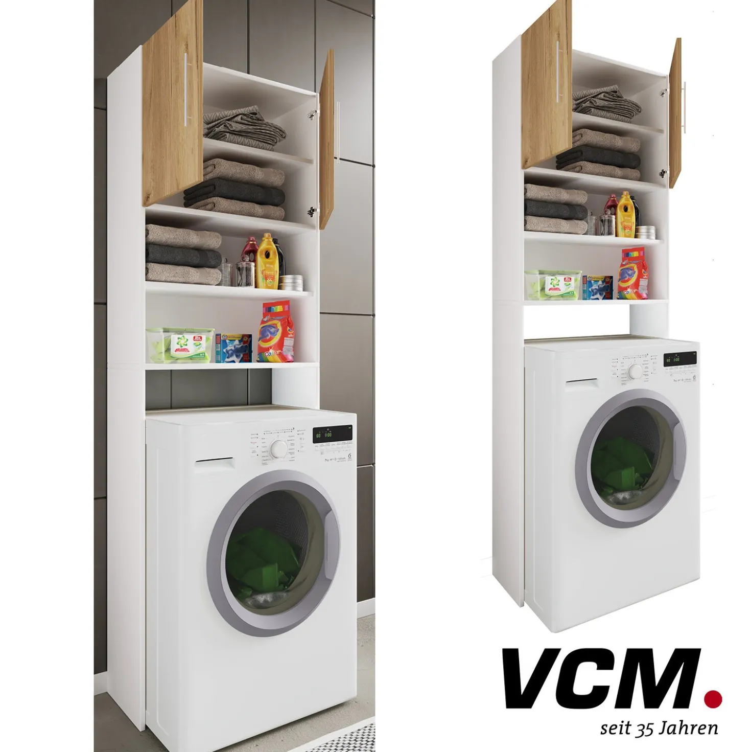 VCM Waschmaschinenüberbau "Jutas" Weiß mit Holz