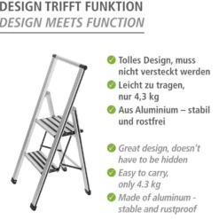 WENKO Alu-Design Klapptrittleiter 2-stufig Silber, rutschsichere XXL-Stufen