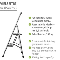WENKO Alu-Design Klapptrittleiter 2-stufig Silber, rutschsichere XXL-Stufen