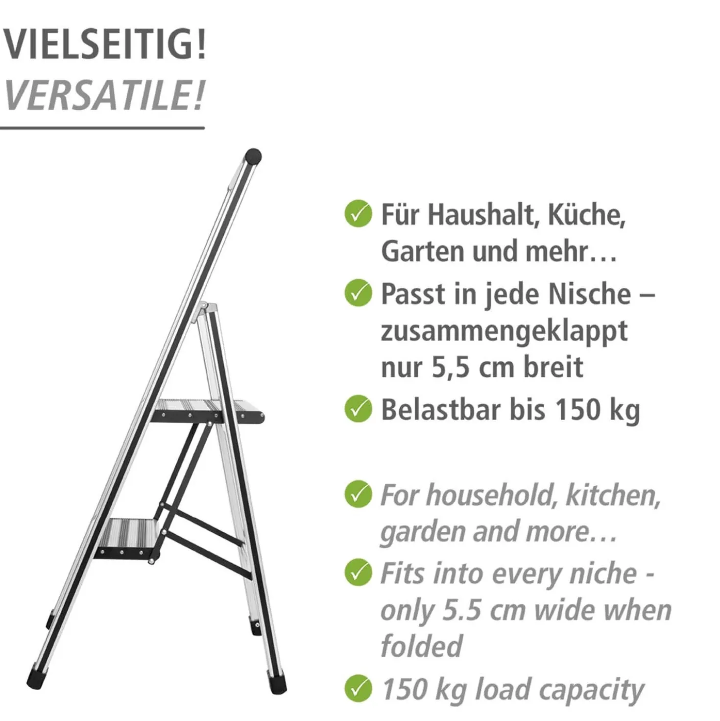 WENKO Alu-Design Klapptrittleiter 2-stufig Silber, rutschsichere XXL-Stufen