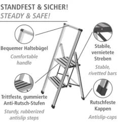 WENKO Alu-Design Klapptrittleiter 2-stufig Silber, rutschsichere XXL-Stufen