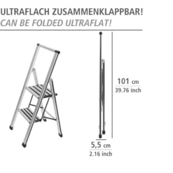 WENKO Alu-Design Klapptrittleiter 2-stufig Silber, rutschsichere XXL-Stufen