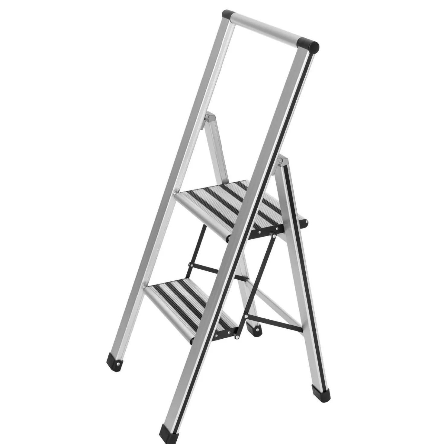 WENKO Alu-Design Klapptrittleiter 2-stufig Silber, rutschsichere XXL-Stufen