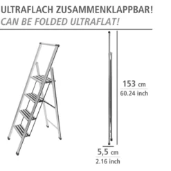 WENKO Alu-Design Klapptrittleiter 4-stufig Silber, rutschsichere XXL-Stufen