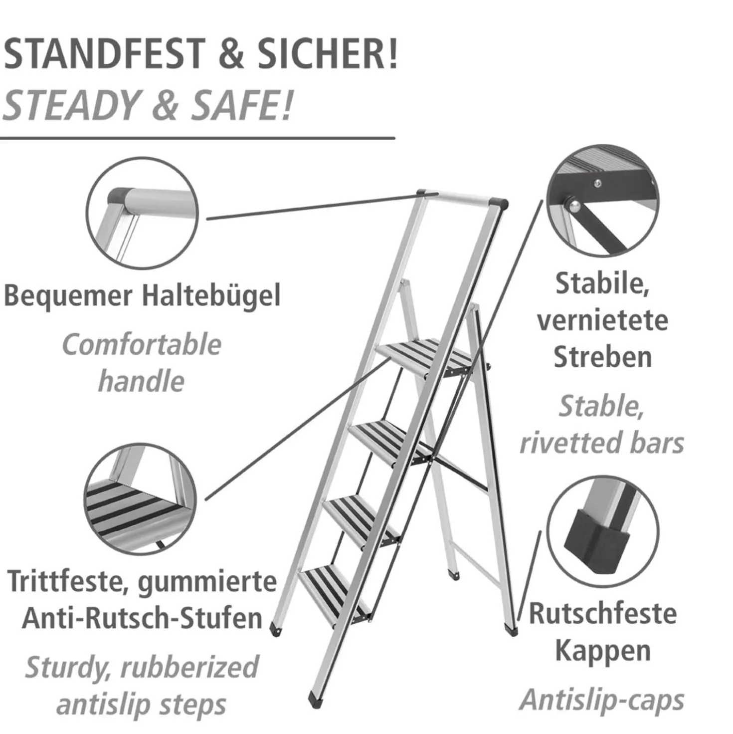 WENKO Alu-Design Klapptrittleiter 4-stufig Silber, rutschsichere XXL-Stufen