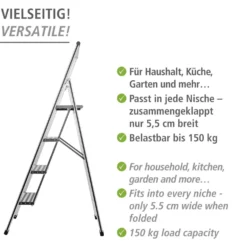WENKO Alu-Design Klapptrittleiter 4-stufig Silber, rutschsichere XXL-Stufen
