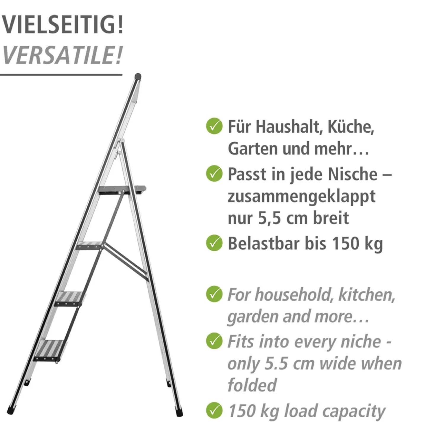 WENKO Alu-Design Klapptrittleiter 4-stufig Silber, rutschsichere XXL-Stufen