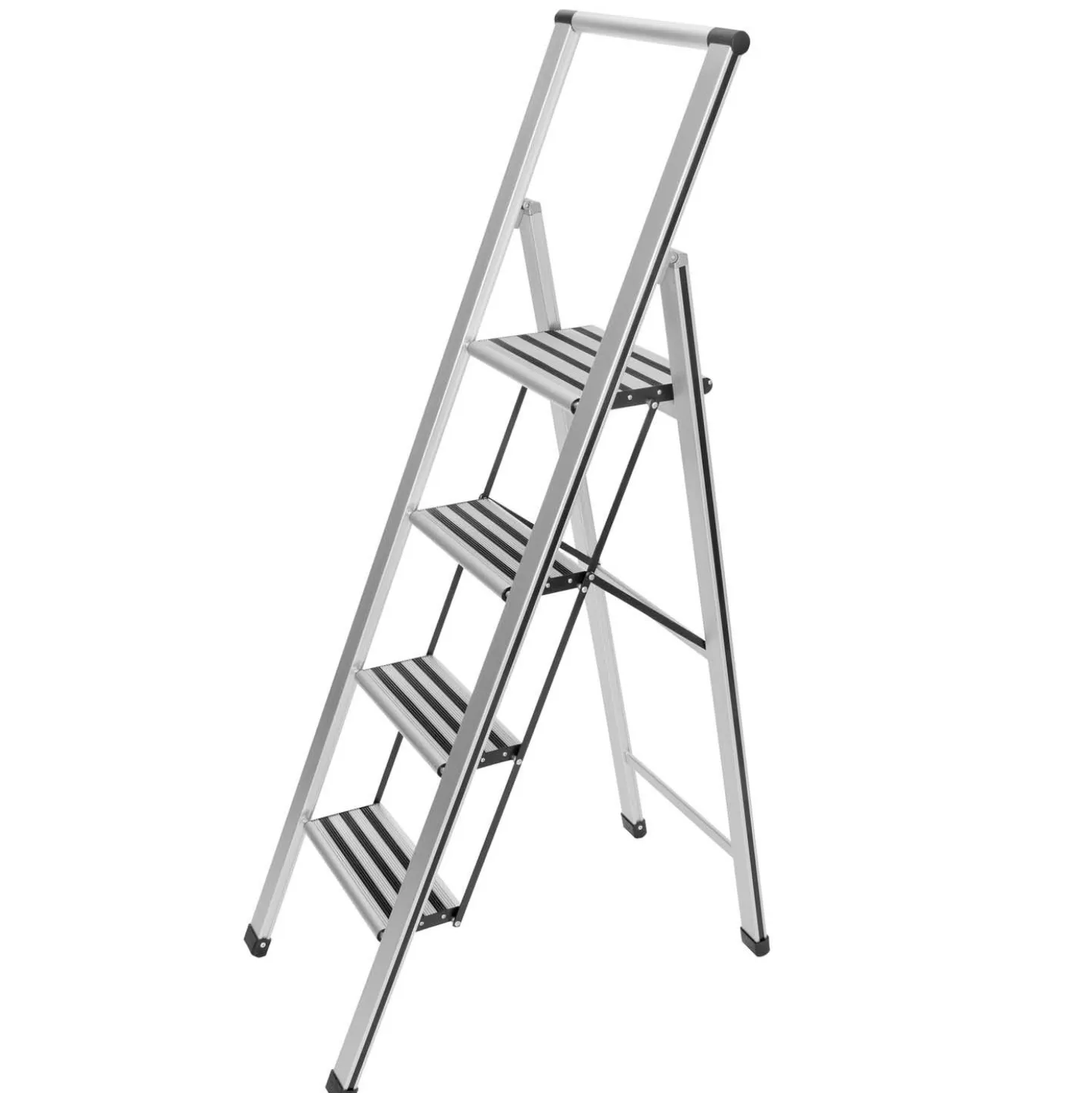 WENKO Alu-Design Klapptrittleiter 4-stufig Silber, rutschsichere XXL-Stufen