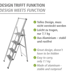 WENKO Alu-Design Klapptrittleiter 4-stufig Silber, rutschsichere XXL-Stufen
