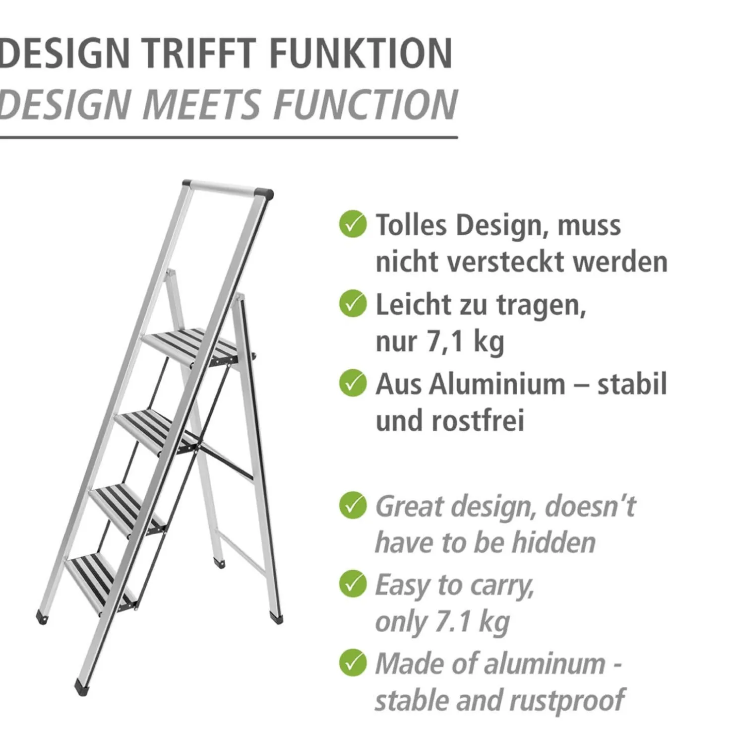 WENKO Alu-Design Klapptrittleiter 4-stufig Silber, rutschsichere XXL-Stufen