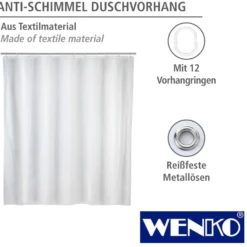 WENKO Anti-Schimmel Duschvorhang Uni White, Textil (Polyester), 120 x 200 cm, waschbar