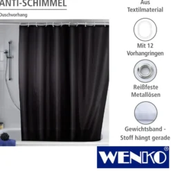 WENKO Anti-Schimmel Duschvorhang Uni Black, Textil (Polyester), 180 x 200 cm, waschbar
