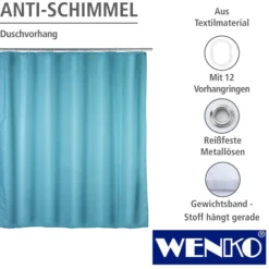 WENKO Anti-Schimmel Duschvorhang Uni Light Blue, Textil (Polyester), 180 x 200 cm, waschbar
