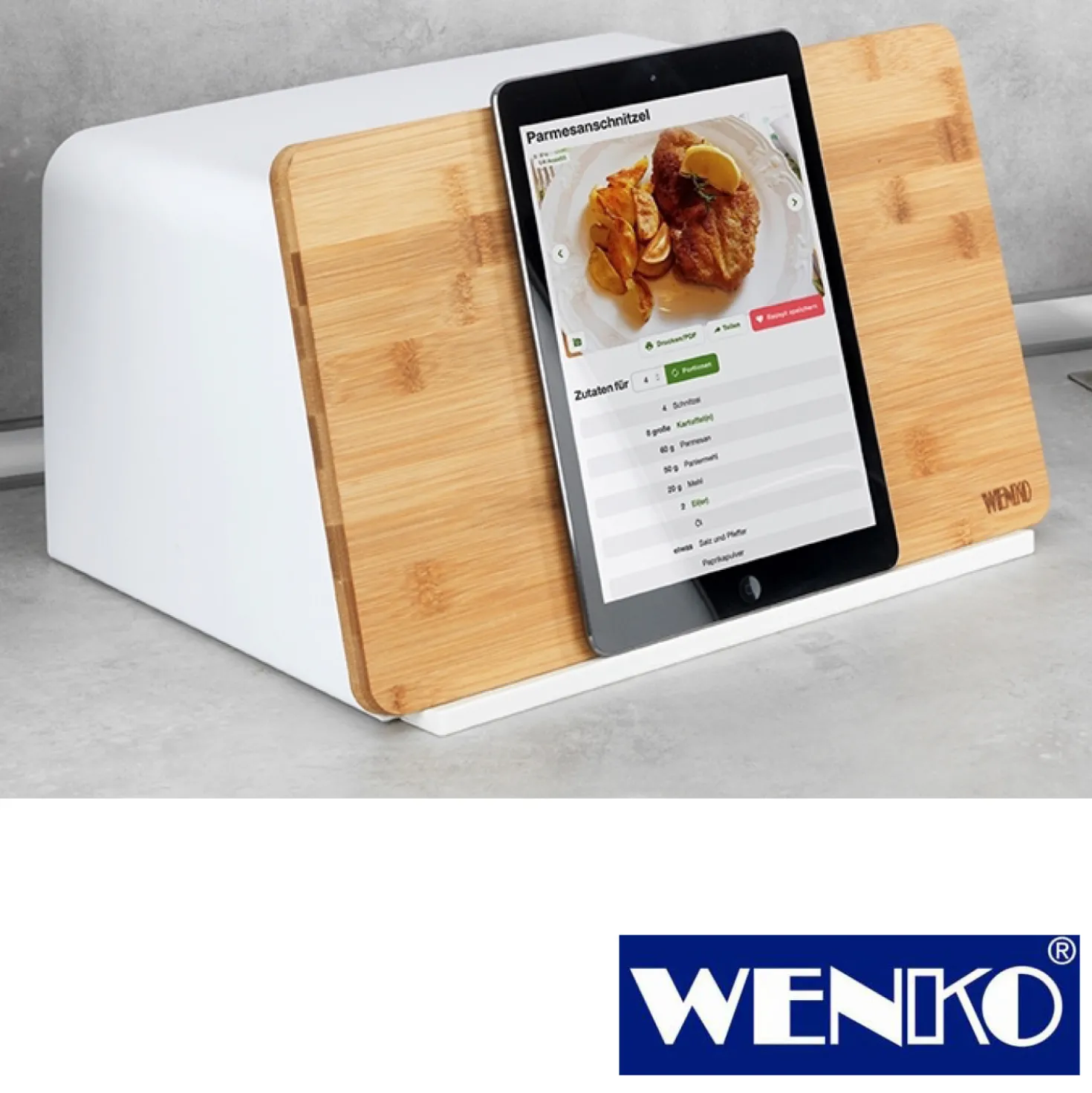WENKO Brotkasten mit Bambus-Schneidebrett als Deckel weiß