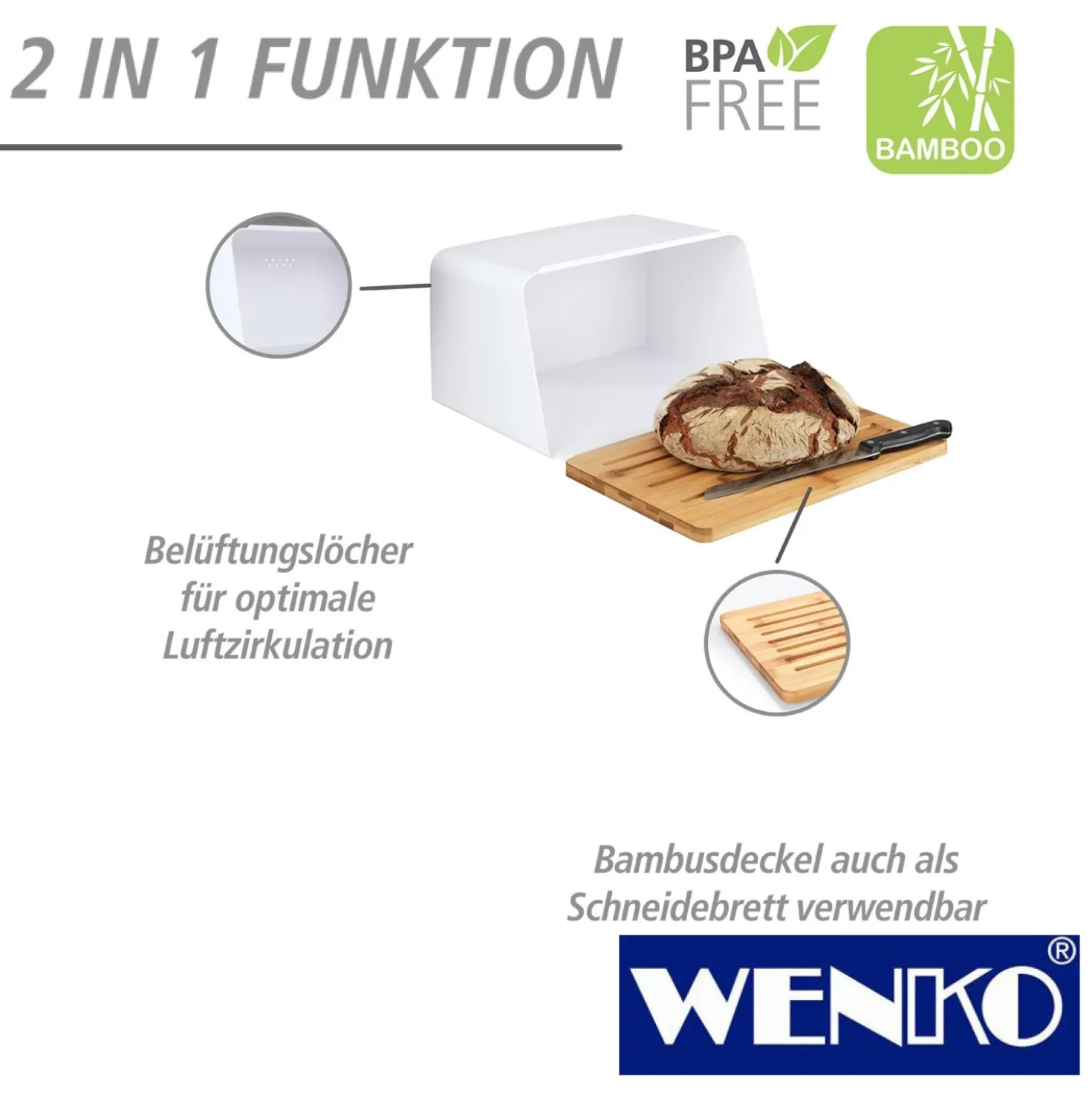 WENKO Brotkasten mit Bambus-Schneidebrett als Deckel weiß