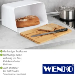 WENKO Brotkasten mit Bambus-Schneidebrett als Deckel weiß