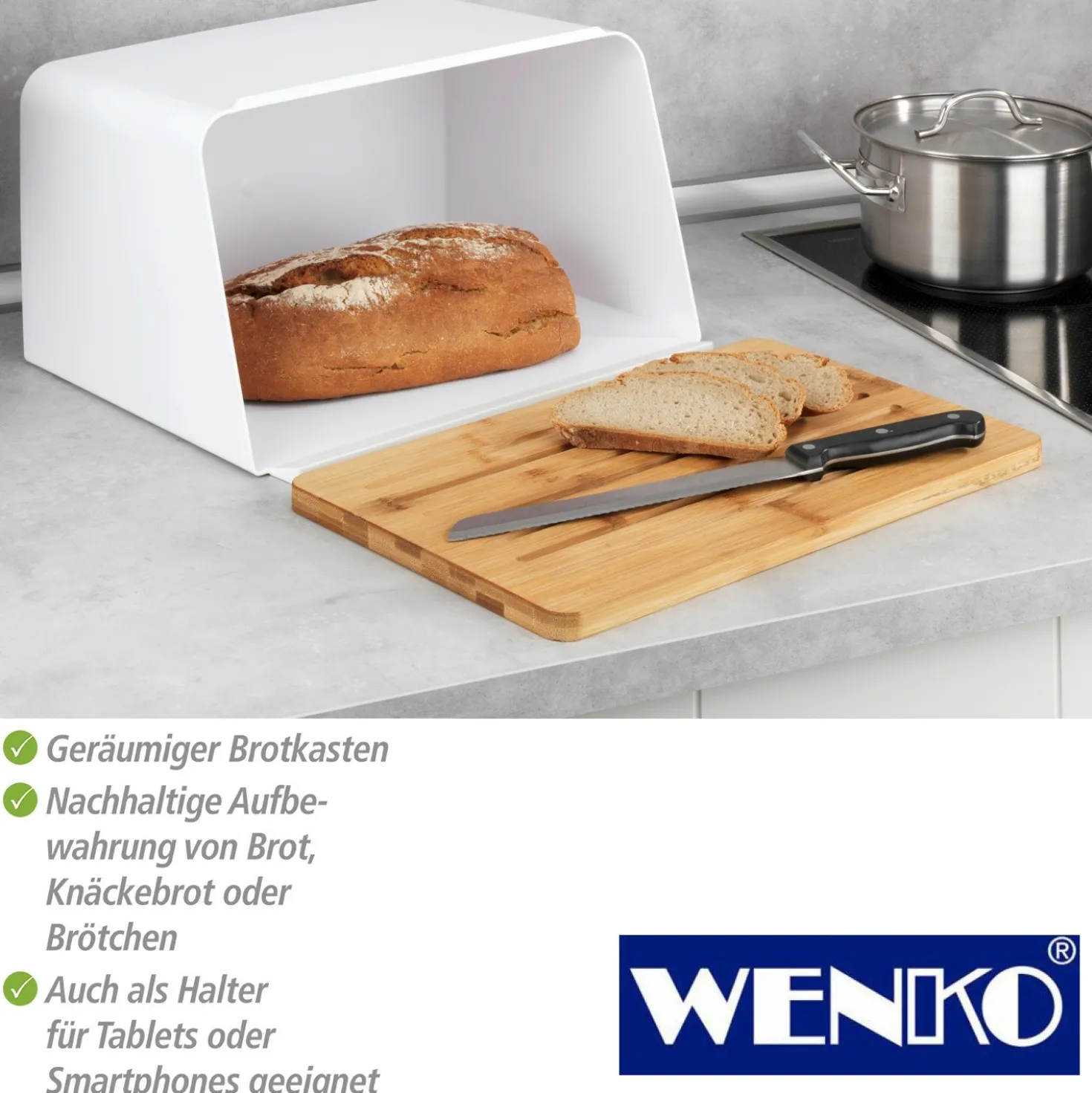 WENKO Brotkasten mit Bambus-Schneidebrett als Deckel weiß