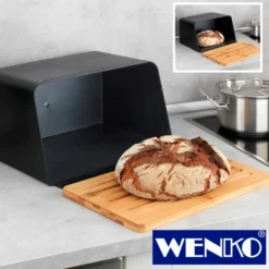 WENKO Brotkasten mit Bambus-Schneidebrett als Deckel schwarz