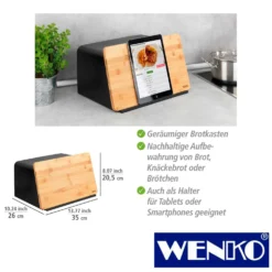 WENKO Brotkasten mit Bambus-Schneidebrett als Deckel schwarz