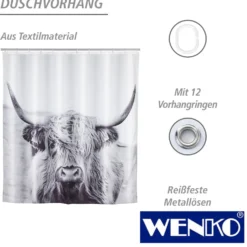 WENKO Duschvorhang Yak, Textil (Polyester), 180 x 200 cm, waschbar