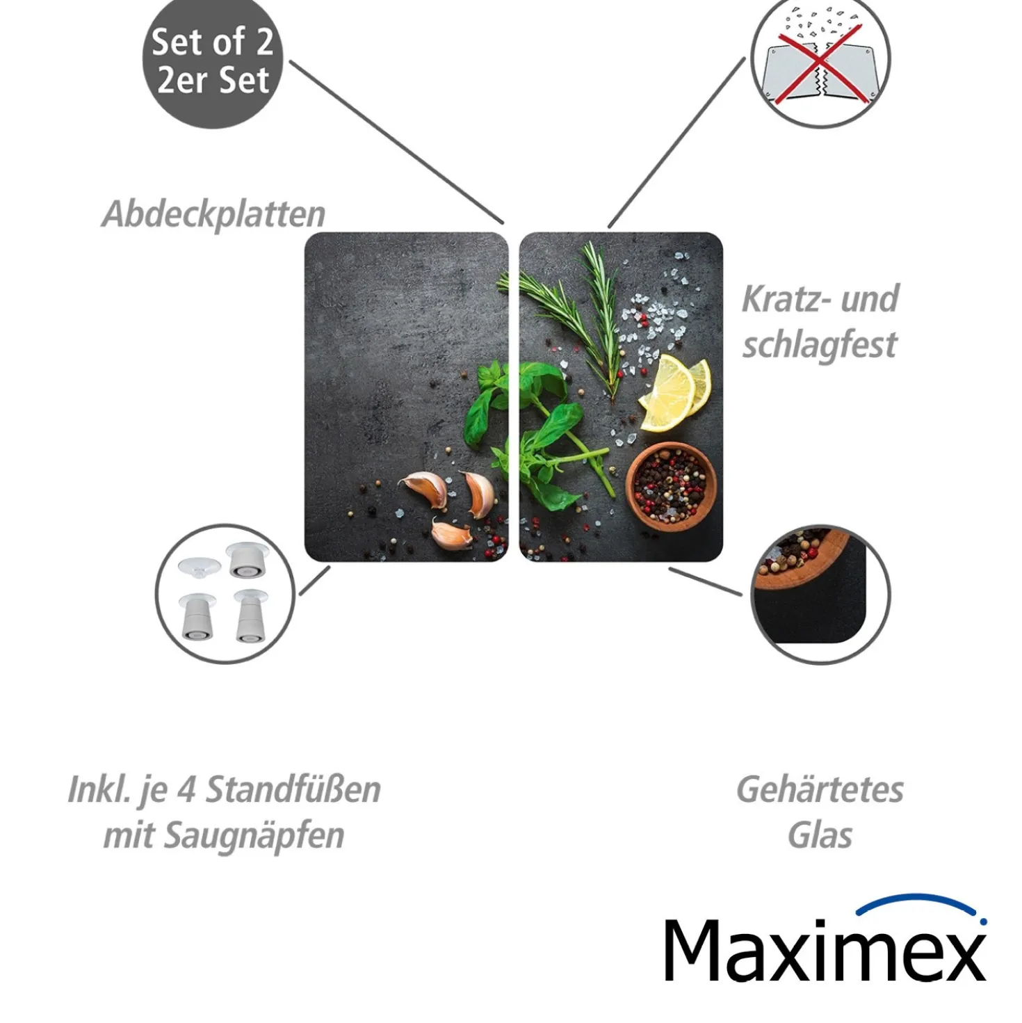WENKO Herdabdeckplatten Universal Kräuter 2er Set, für alle Herdarten