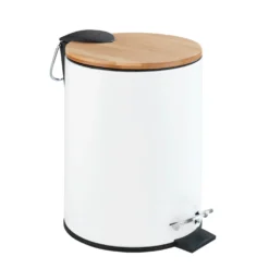 WENKO Kosmetik Treteimer Tortona Easy-Close Weiß matt, 3 Liter, Bambus-Deckel