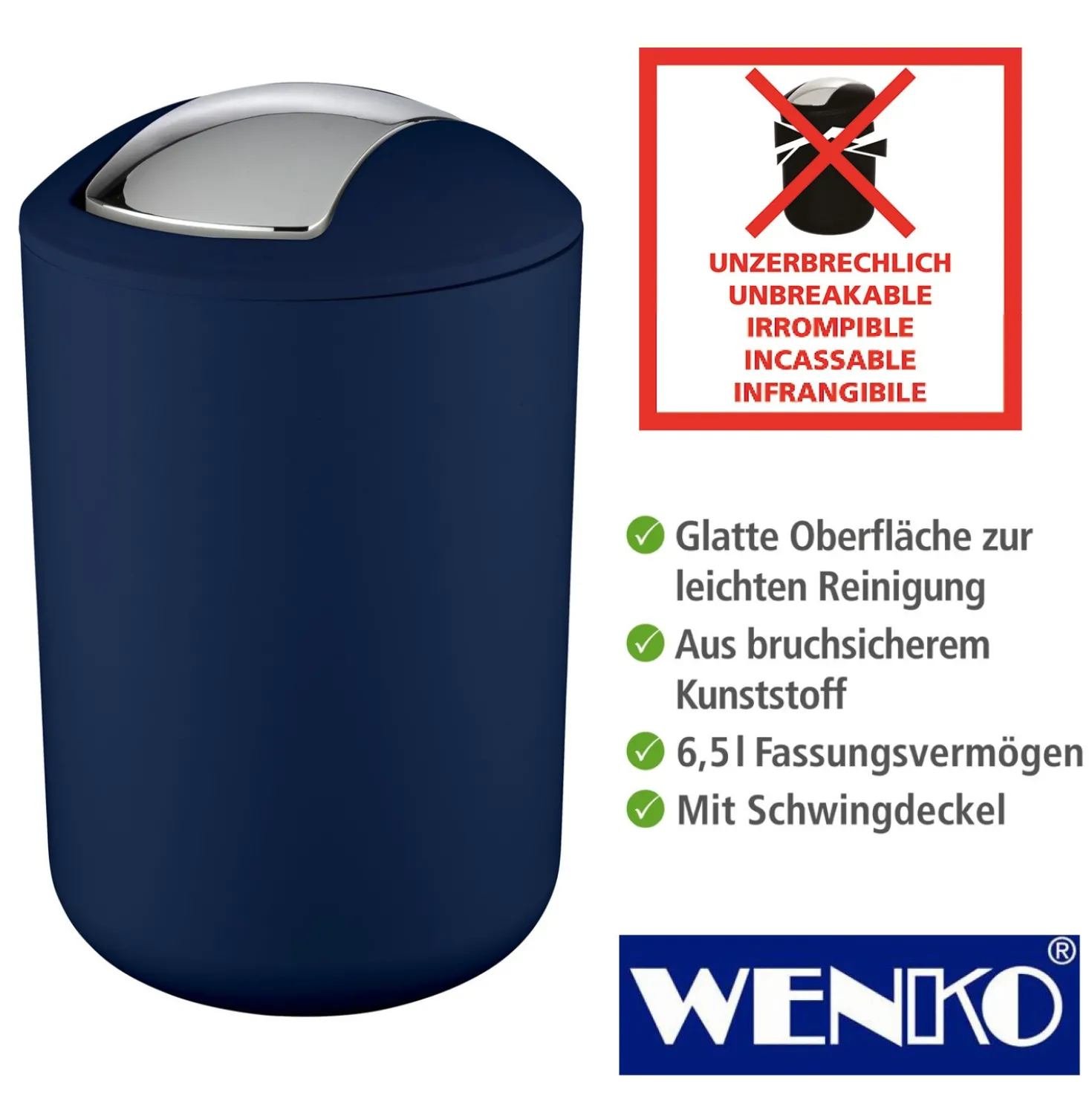 WENKO Schwingdeckeleimer Brasil Dunkelblau L, 6,5 Liter