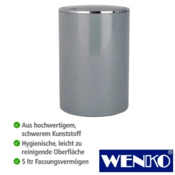 WENKO Schwingdeckeleimer Inca Grey, hochwertiger Kunststoff, 5 Liter