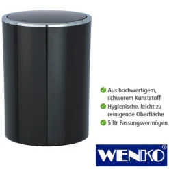 WENKO Schwingdeckeleimer Inca Black, hochwertiger Kunststoff, 5 Liter