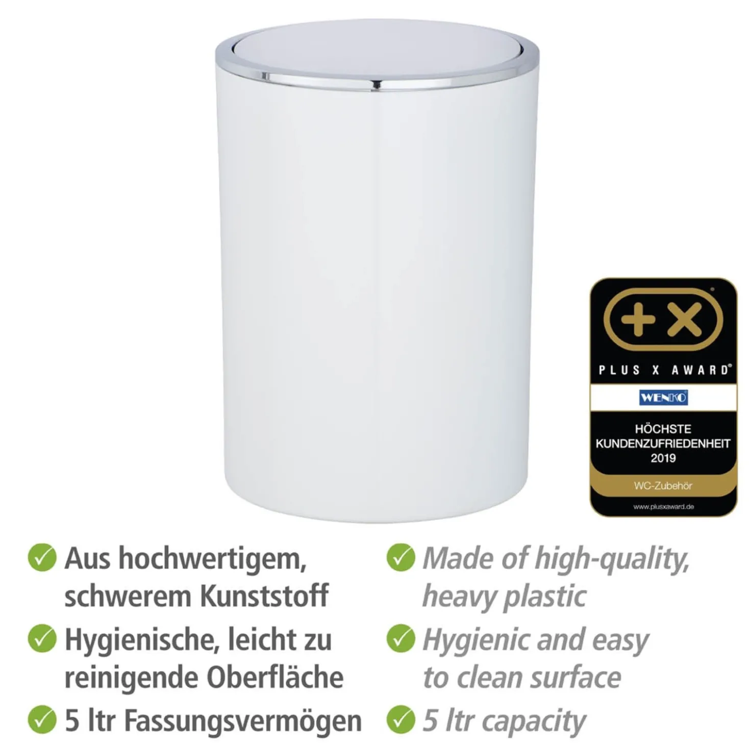 WENKO Schwingdeckeleimer Mod. Inca White, hochwertiger Kunststoff, 5 Liter