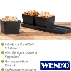 WENKO Snack & Dip Schalen Set Schwarz matt, Tablett mit 3 x 300 ml Schalen
