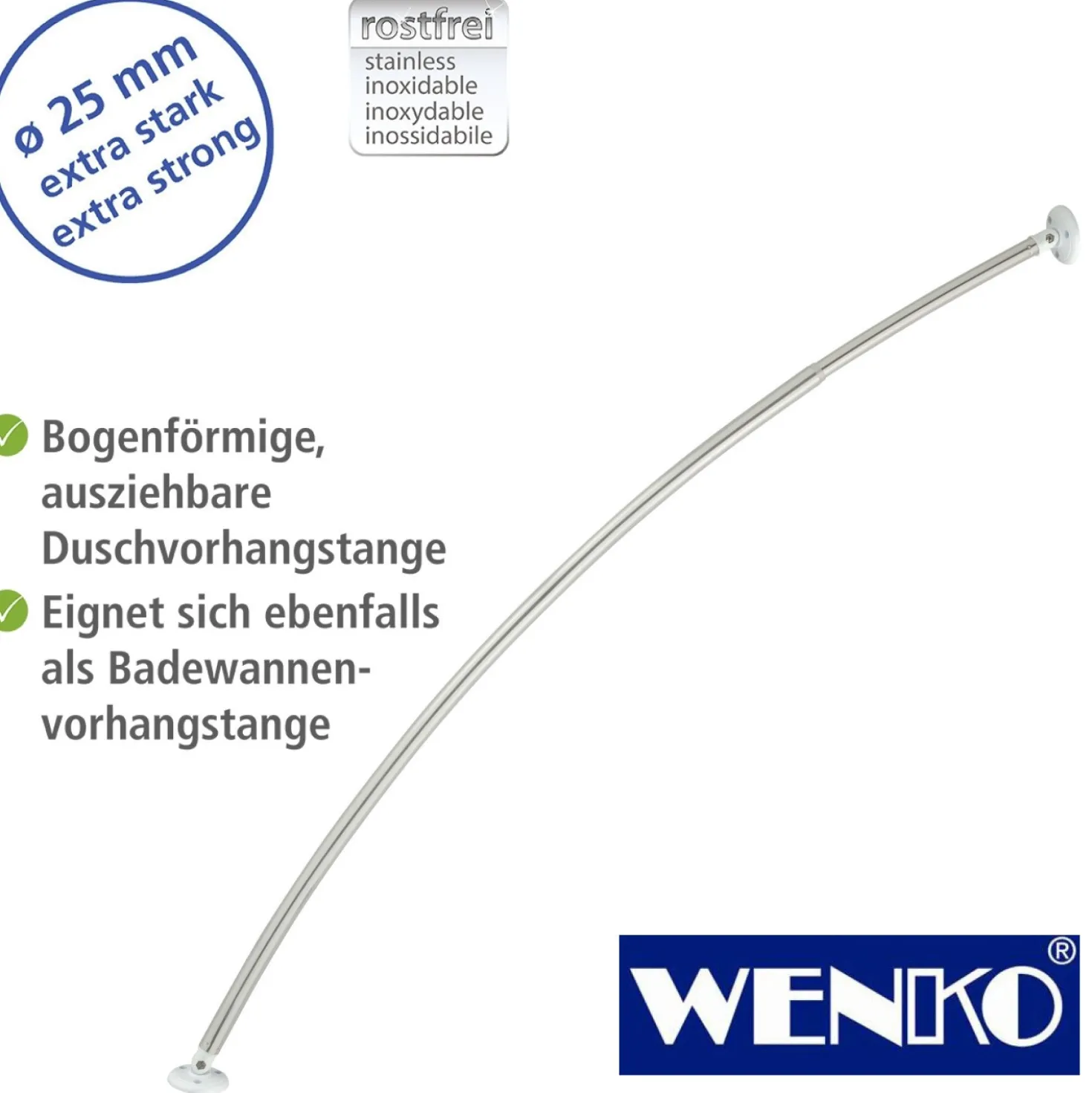WENKO Teleskop-Badewannenstange bogenförmig Chrom, 110 - 200 cm