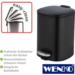 WENKO Treteimer Alassio, Schwarz 5 L, Easy-Close Absenkautomtik