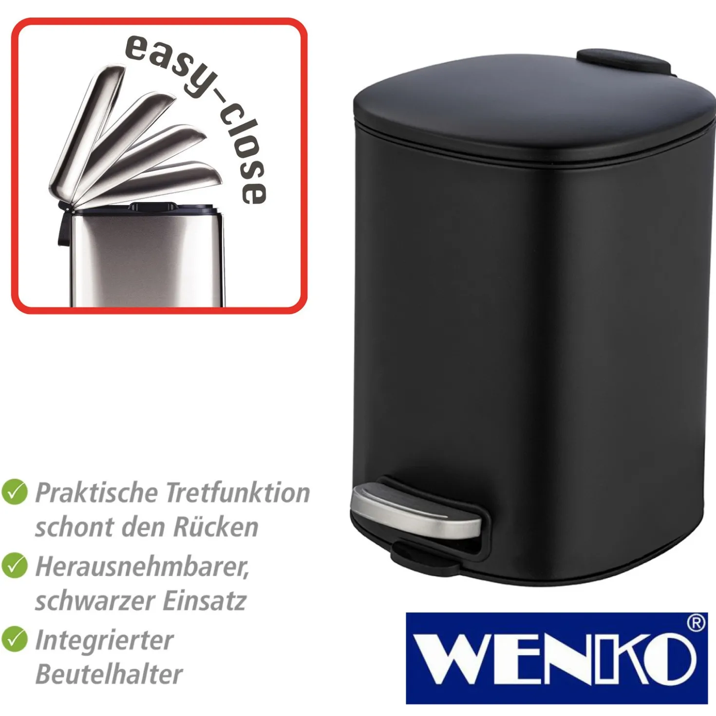 WENKO Treteimer Alassio, Schwarz 5 L, Easy-Close Absenkautomtik