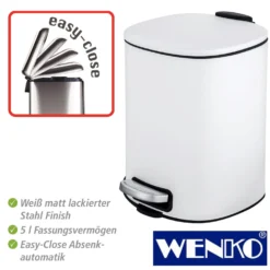 WENKO Treteimer Alassio, Weiß 5 L, Easy-Close Absenkautomtik