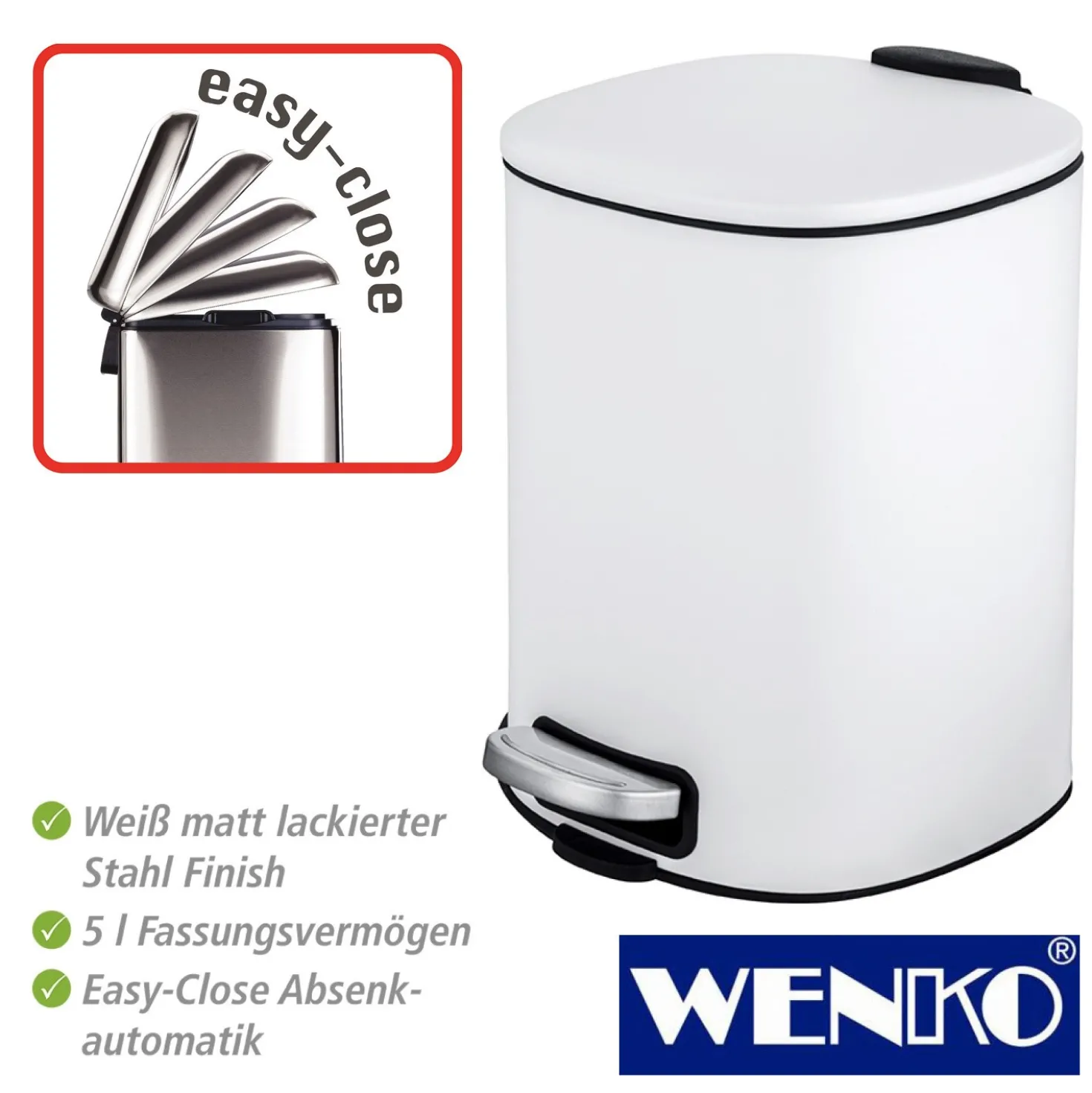 WENKO Treteimer Alassio, Weiß 5 L, Easy-Close Absenkautomtik