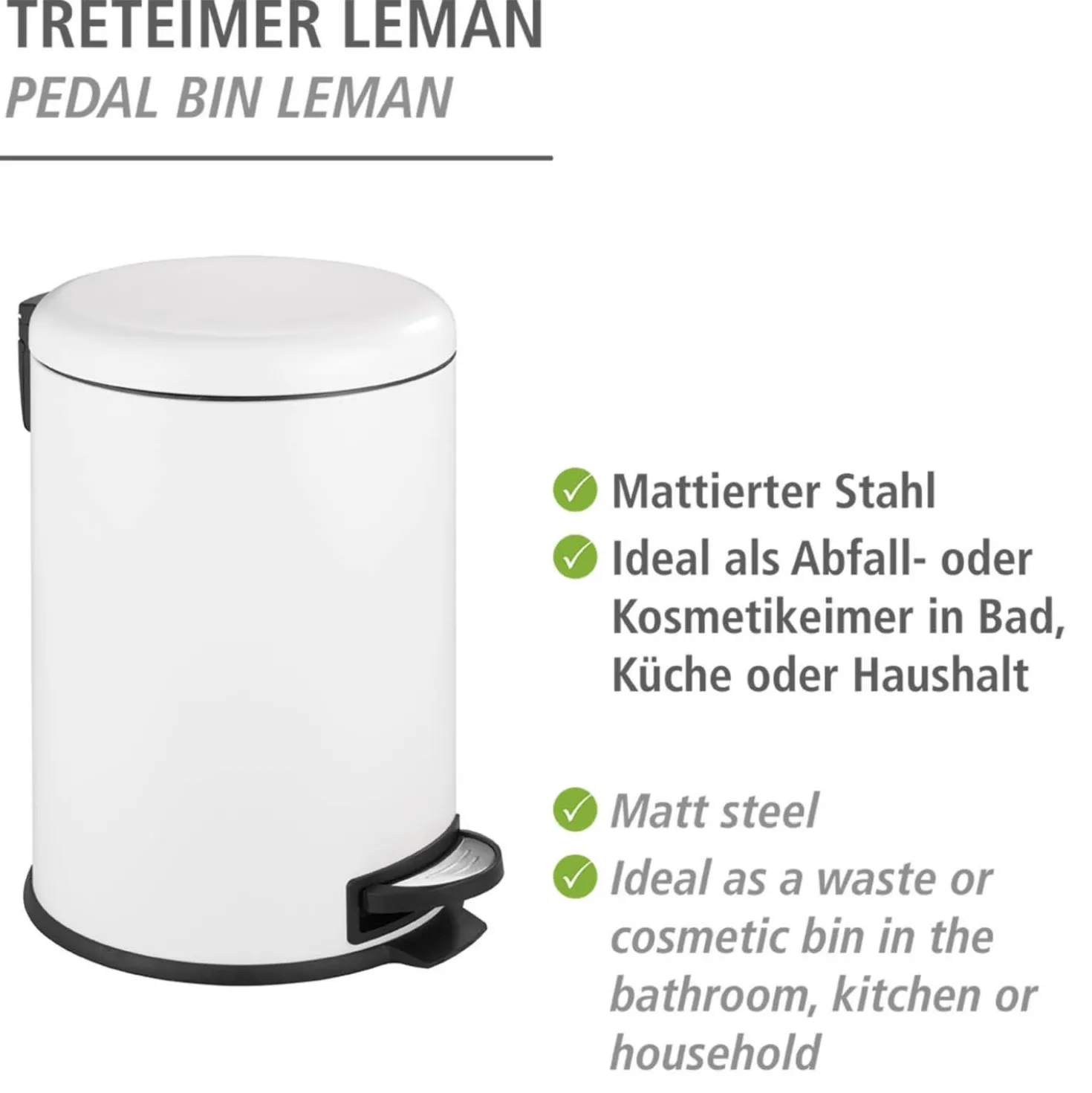 WENKO Treteimer Mod. Leman Easy Close Weiß 20 L, mit herausnehmbarem Einsatz