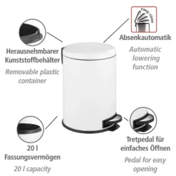 WENKO Treteimer Mod. Leman Easy Close Weiß 20 L, mit herausnehmbarem Einsatz