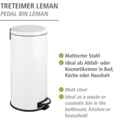 WENKO Treteimer Mod. Leman Easy Close Weiß 30 L, mit herausnehmbarem Einsatz