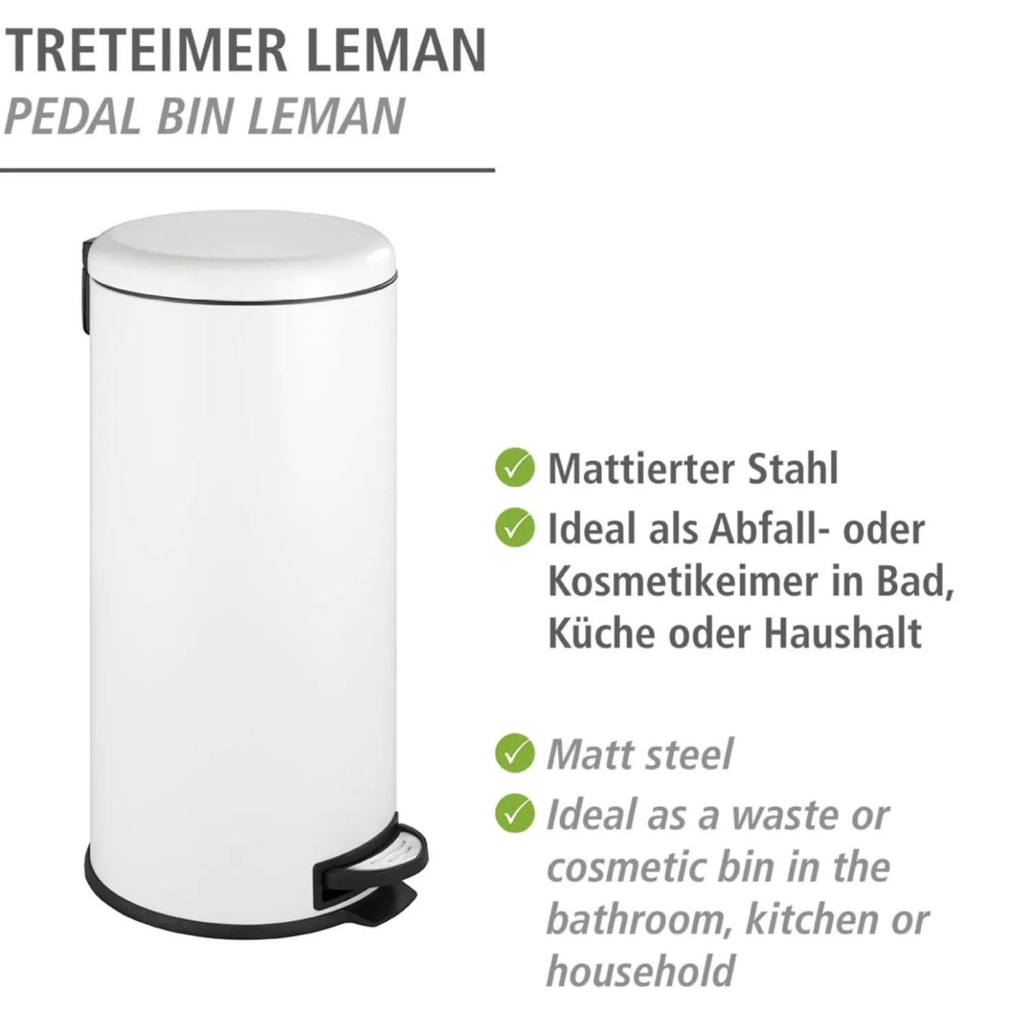 WENKO Treteimer Mod. Leman Easy Close Weiß 30 L, mit herausnehmbarem Einsatz