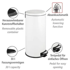 WENKO Treteimer Mod. Leman Easy Close Weiß 30 L, mit herausnehmbarem Einsatz