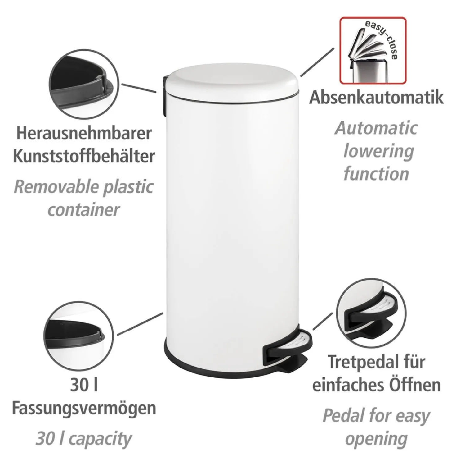 WENKO Treteimer Mod. Leman Easy Close Weiß 30 L, mit herausnehmbarem Einsatz