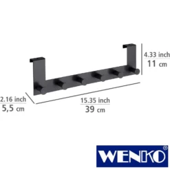 WENKO Türgarderobe Celano Schwarz, 6 Haken, für Türfalzstärken bis 2 cm