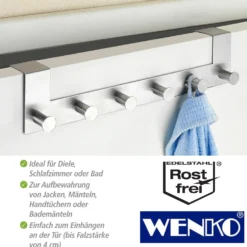 WENKO Türgarderobe Edelstahl Celano, 6 Haken, für Türfalzstärken bis 4 cm