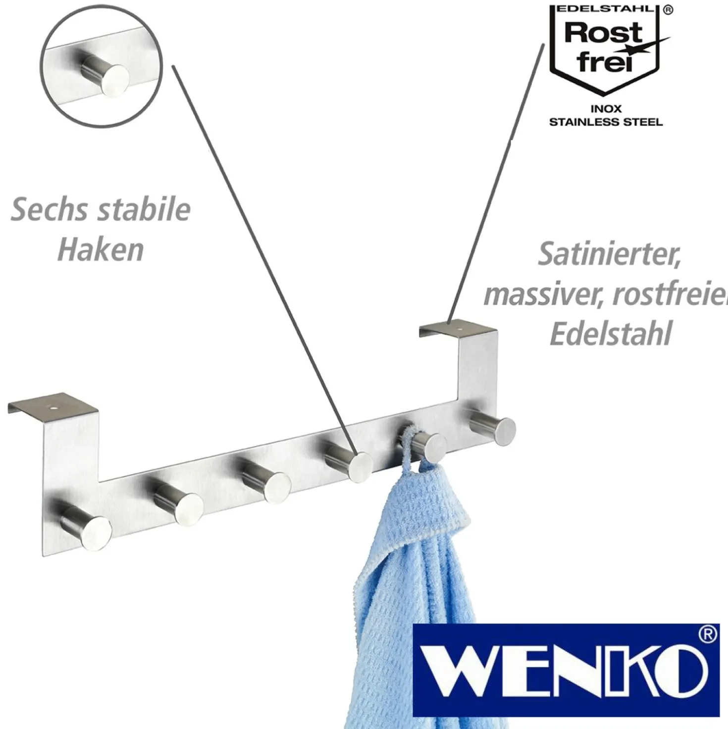 WENKO Türgarderobe Edelstahl Celano, 6 Haken, für Türfalzstärken bis 4 cm