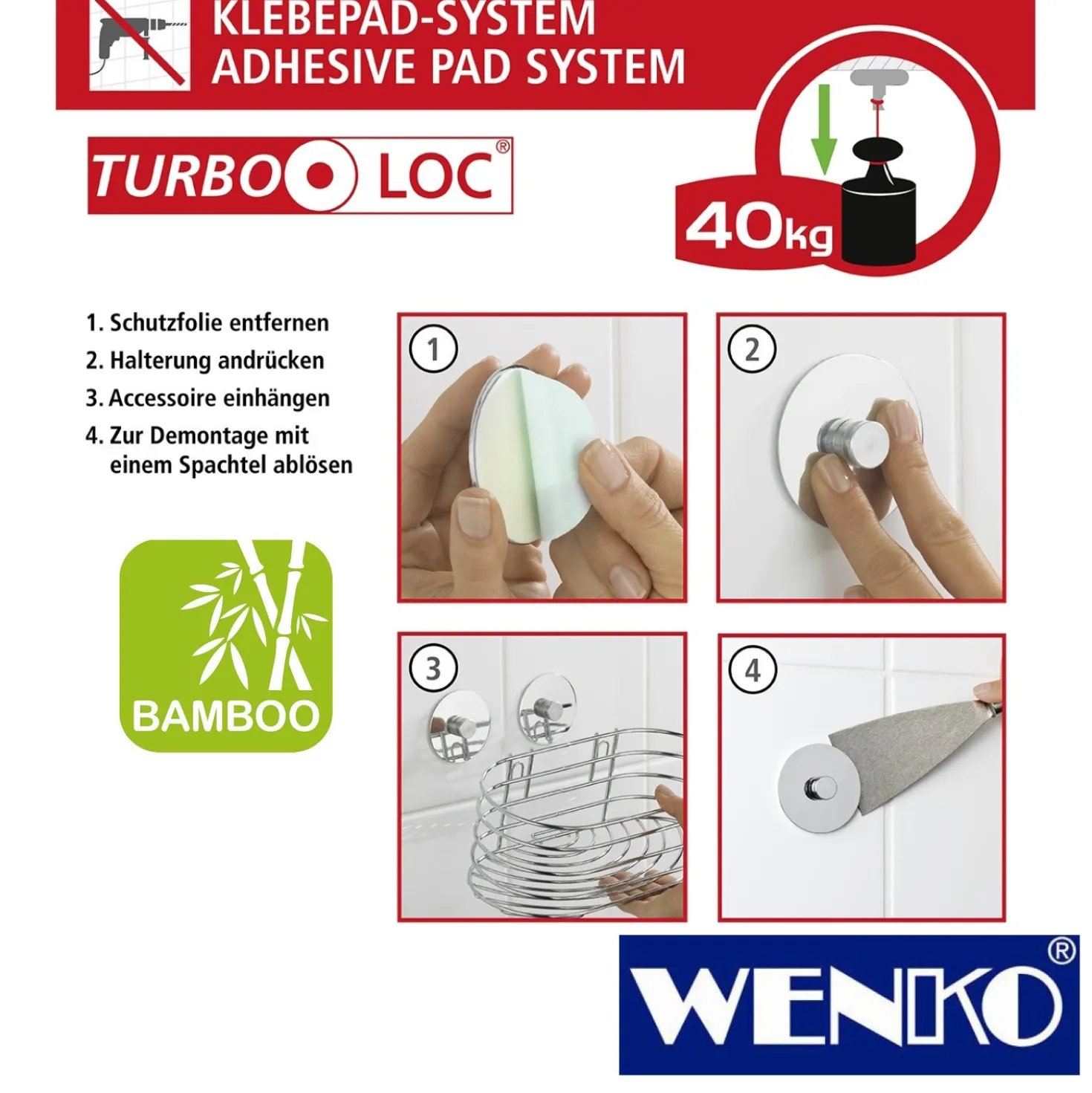 WENKO Turbo-Loc® Badezimmerwischer "Bambusa" aus Bambus und Edelstahl