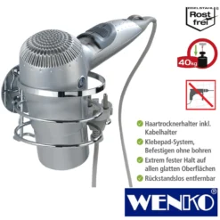 WENKO Turbo-Loc® Edelstahl Haartrocknerhalter, rostfrei, Befestigen ohne bohren