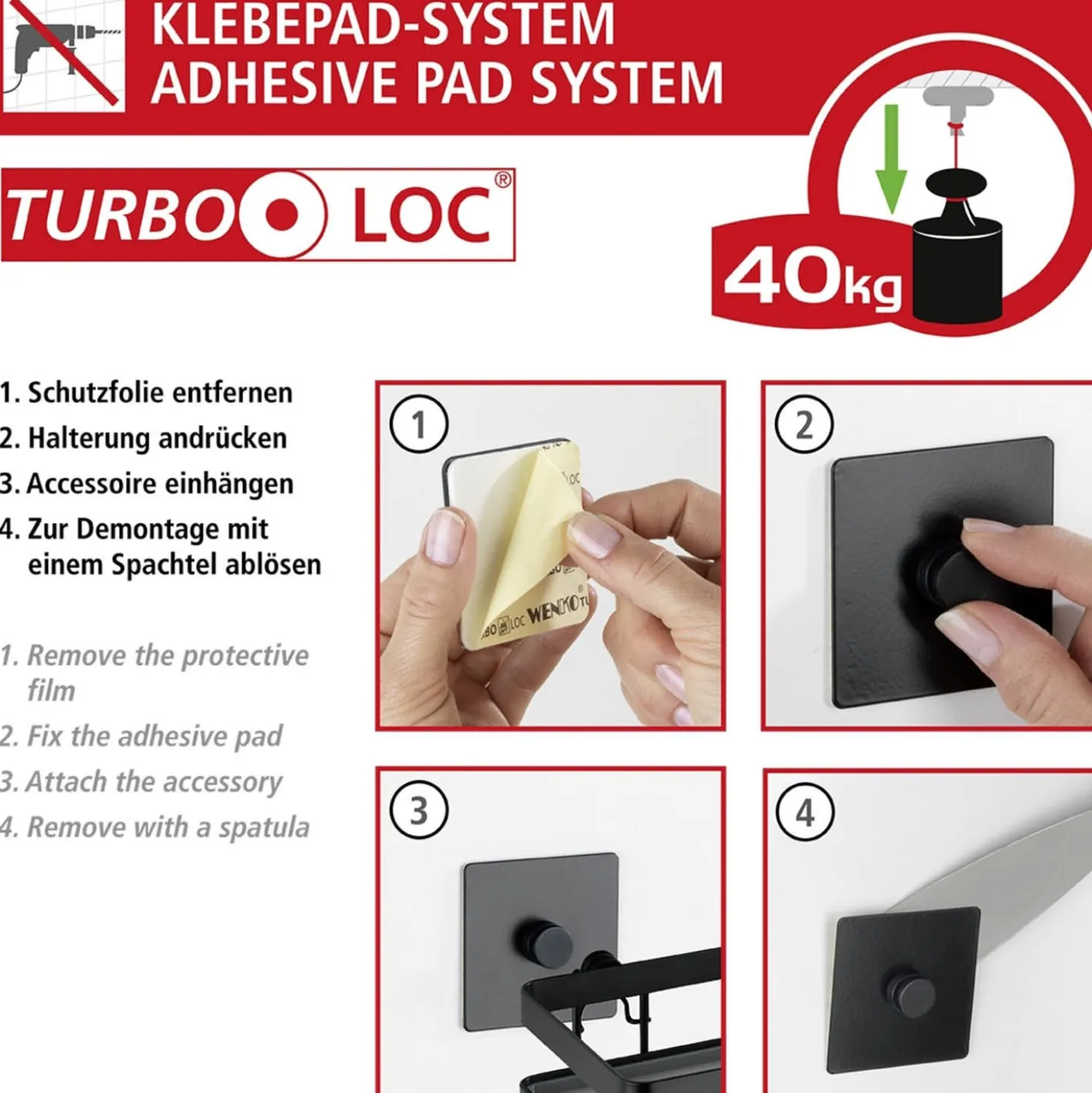 WENKO Turbo-Loc® WC-Garnitur Mod. Carpino Schwarz, Befestigen ohne Bohren