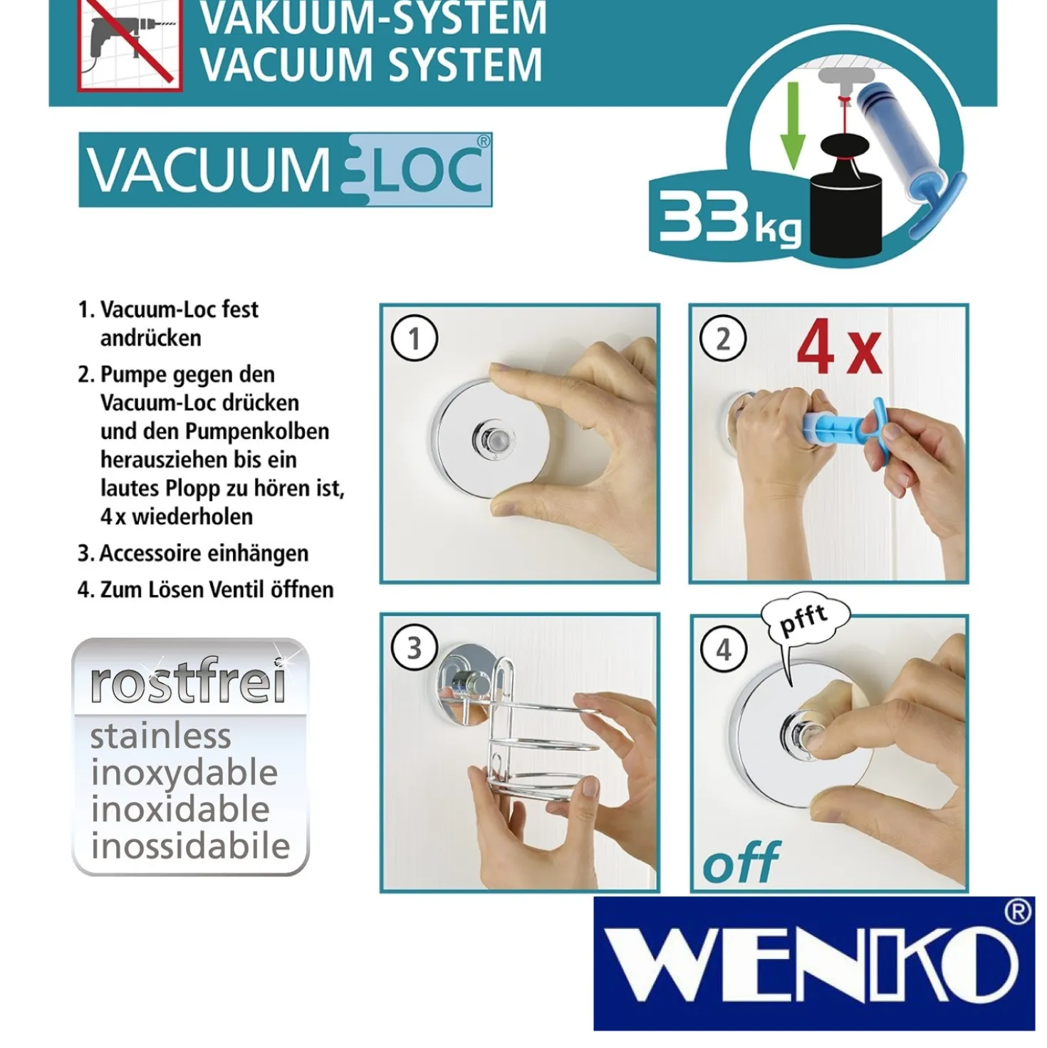 WENKO Vacuum-Loc® Duschabzieher, Badezimmerwischer, Befestigen ohne bohren
